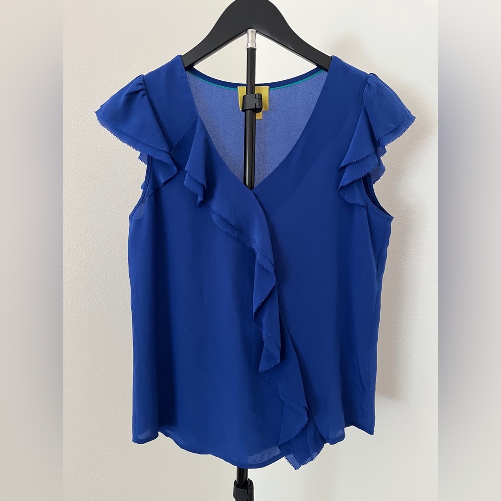 Maeve 100% Silk Ruffle Blouse | Royal Blue | Anthropologie | Feminine Work Top